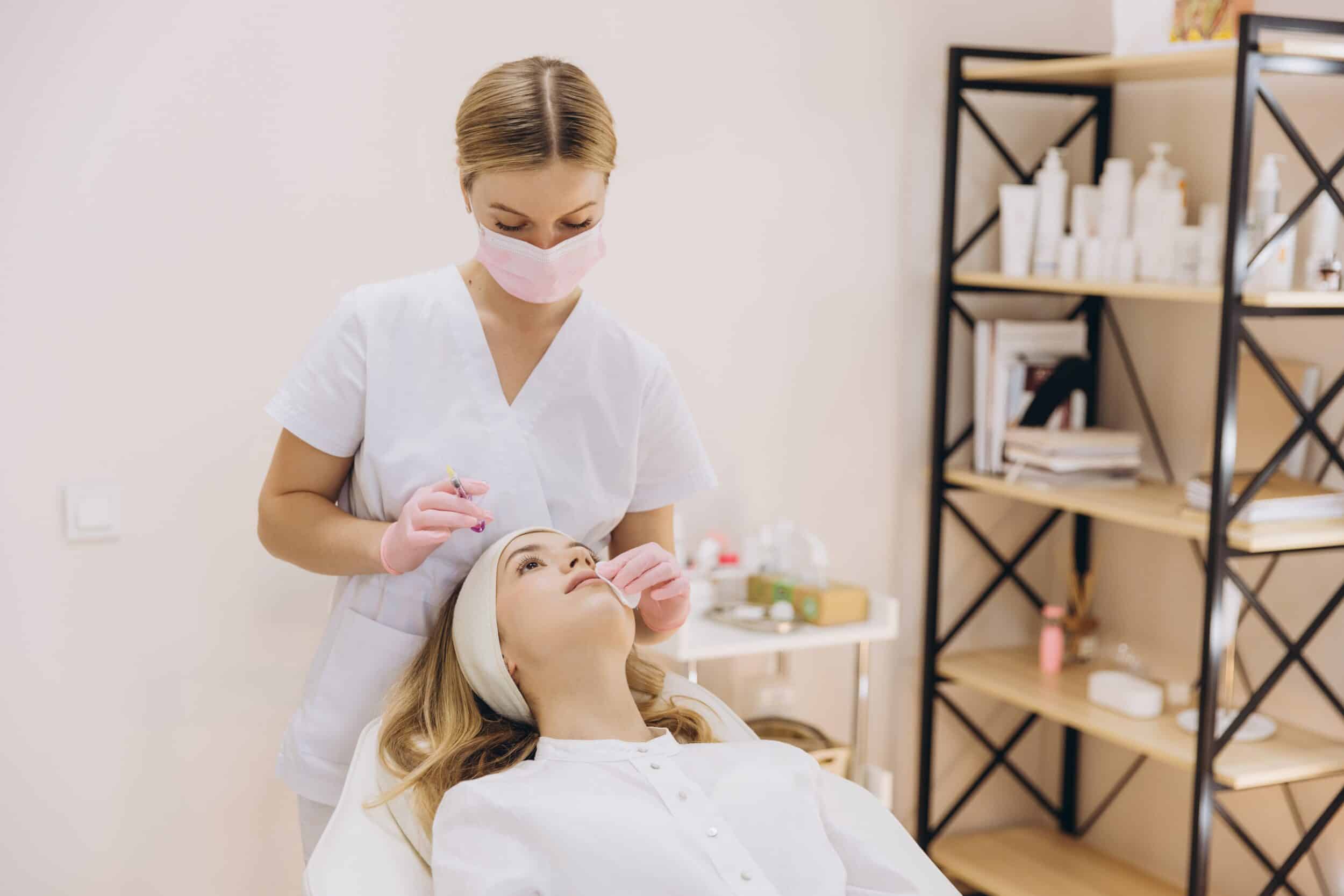 Professional beautician administering Botox injection to woman’s forehead in aesthetic clinic for wrinkle reduction and facial rejuvenation